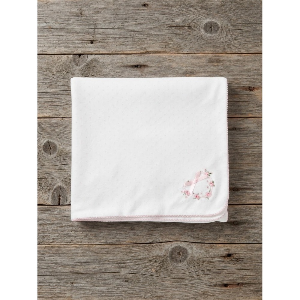 Vitamins Baby Blanket White Pink Floral Wreath Embroidered Cotton Swaddle Lovey